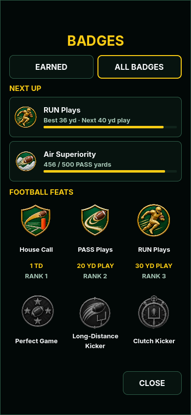Blitzdown badge collection showing earned House Call, PASS Plays and RUN Plays ranks, progress toward the next rank, and locked football feats.