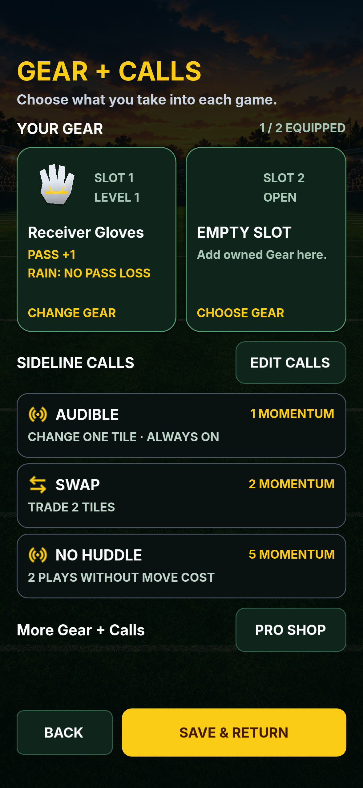 Blitzdown Gear + Calls with two Gear slots, Receiver Gloves equipped, and Audible, Swap and No Huddle showing their Momentum costs and effects.