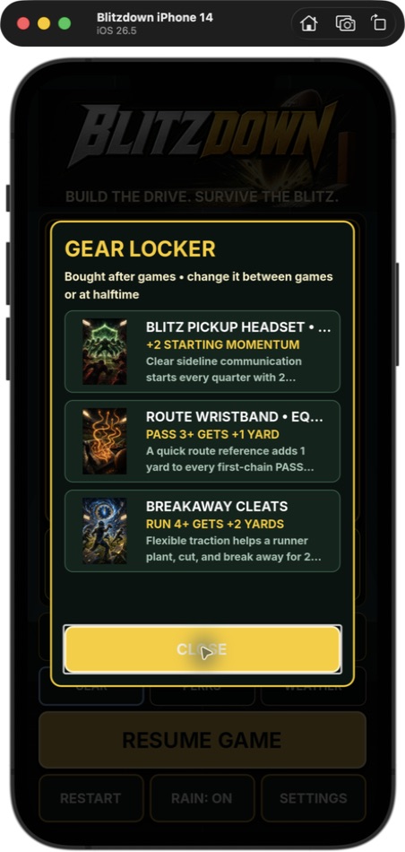 Current Blitzdown Gear Locker showing Blitz Pickup Headset, Route Wristband, and Breakaway Cleats cards with equipped status and gameplay effects.