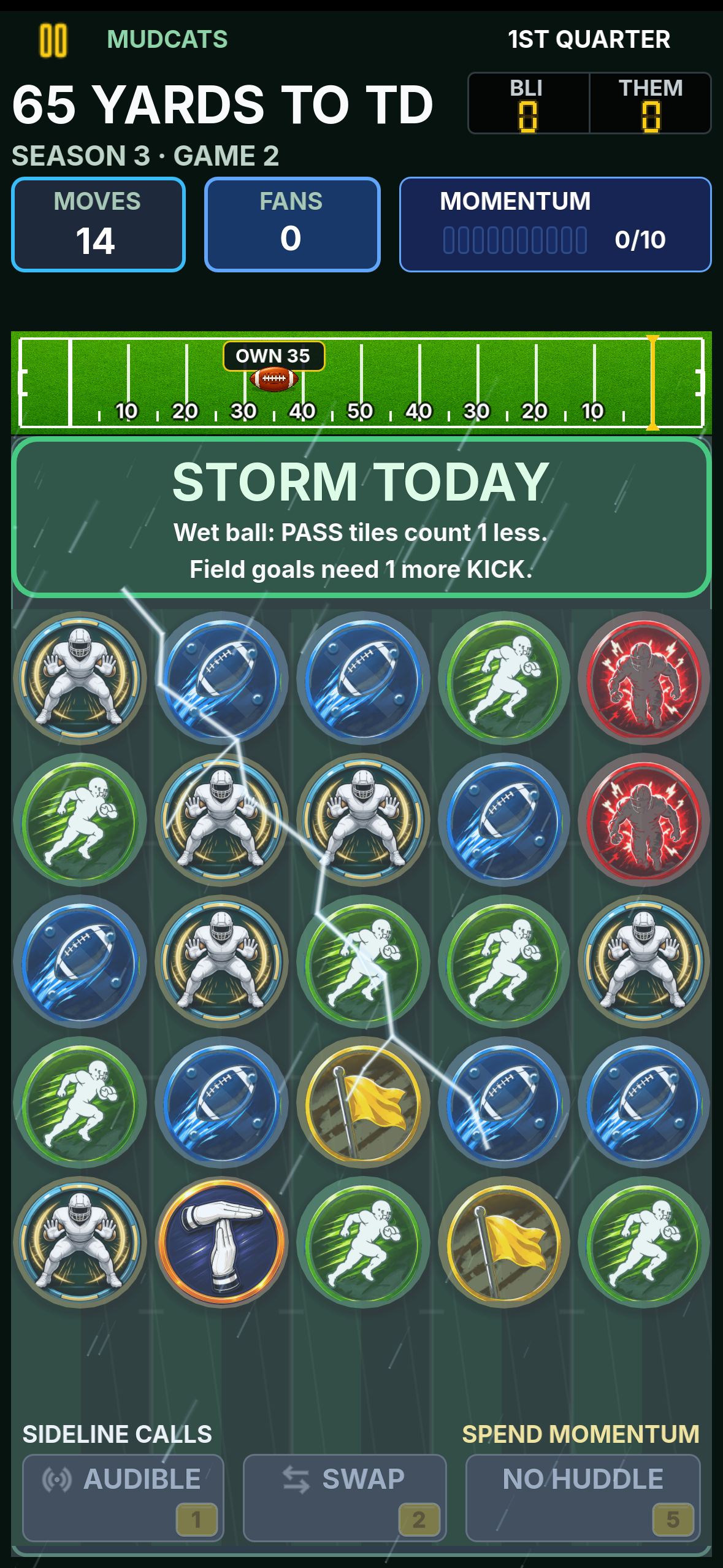 Blitzdown thunderstorm gameplay with lightning across the board and the in-game HUD explaining the weather's effect on PASS tiles.