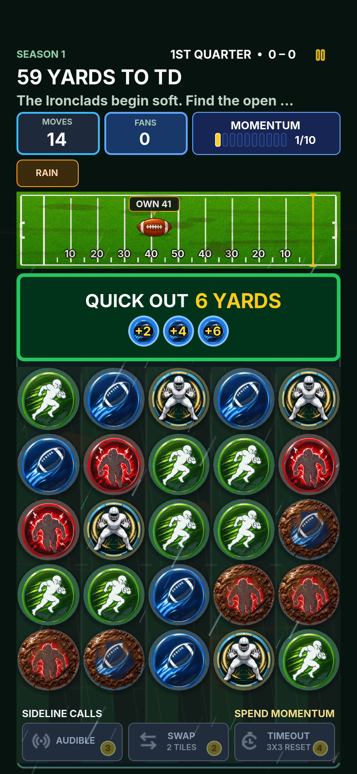 Current Blitzdown match showing the full HUD, a Quick Out result, field position, Rain, and the active 5-by-5 board