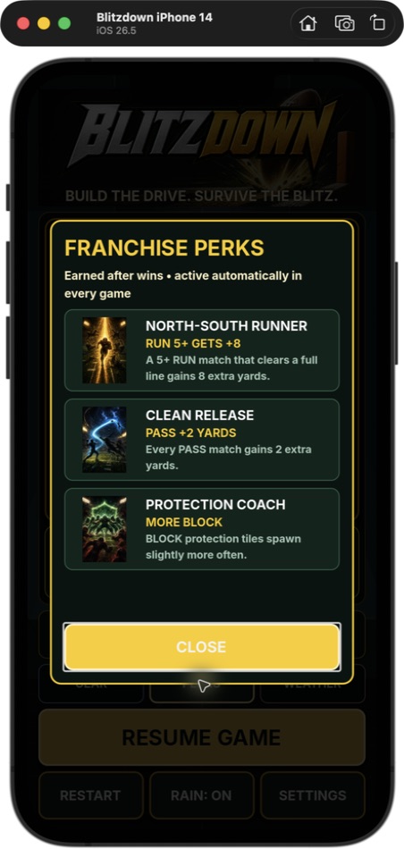 Current Blitzdown Franchise Perks panel showing North-South Runner, Clean Release, and Protection Coach cards with their gameplay effects.