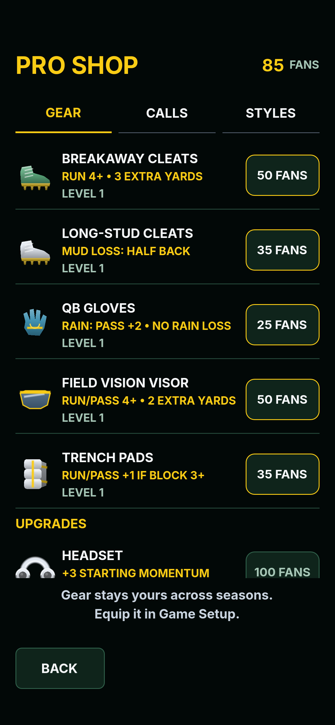 Blitzdown Pro Shop with Gear effects, unlock and upgrade prices in Fans, and Gear, Calls and Styles tabs.