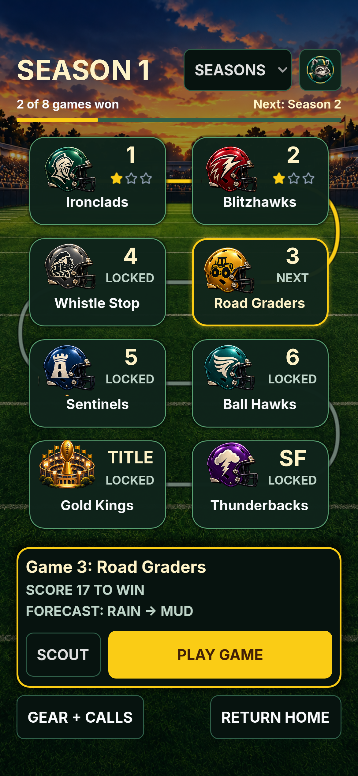 Blitzdown Season 1 path with two of eight games won, the Road Graders selected next, a Rain then Mud forecast, and the route to the championship.